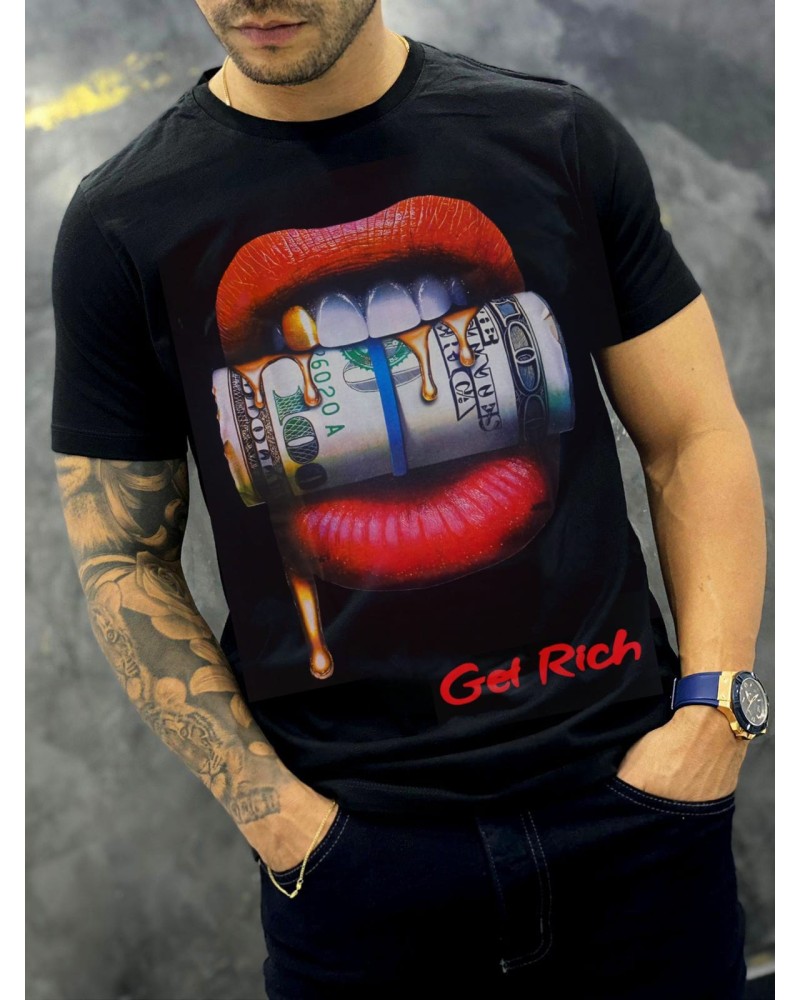 CAMISETA ESTAMPADA GET RICH LABIOS Y DOLAR