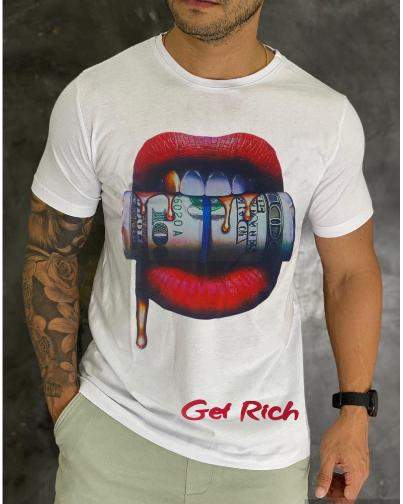 CAMISETA ESTAMPADA GET RICH LABIOS Y DOLAR